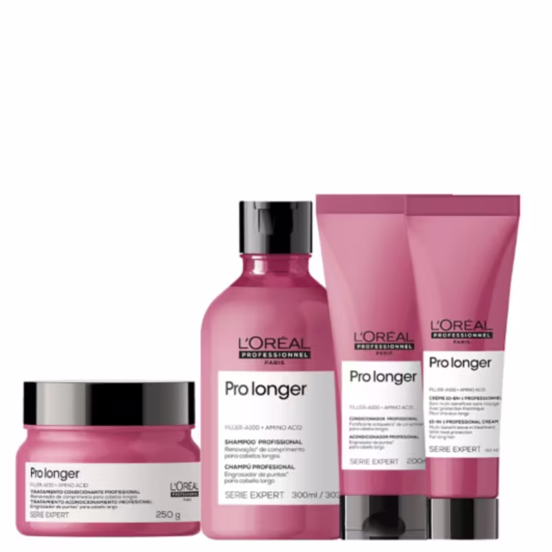 A imagem mostra um kit da L'Oréal Professionnel Pro Longer com um pote arredondado de máscara, um frasco arredondado de shampoo e duas bisnagas com leave-in e condicionador. Todos de cor rosa escuro, rótulo branco e tampa preta.