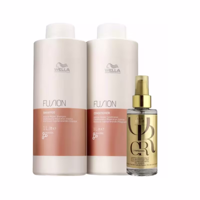 Dois frascos grandes, um para shampoo e outro para condicionador, ambos de 1 litro. Há também um frasco menor de vidro âmbar com tampa dourada, provavelmente um óleo capilar ou tratamento de brilho da linha Reflections.