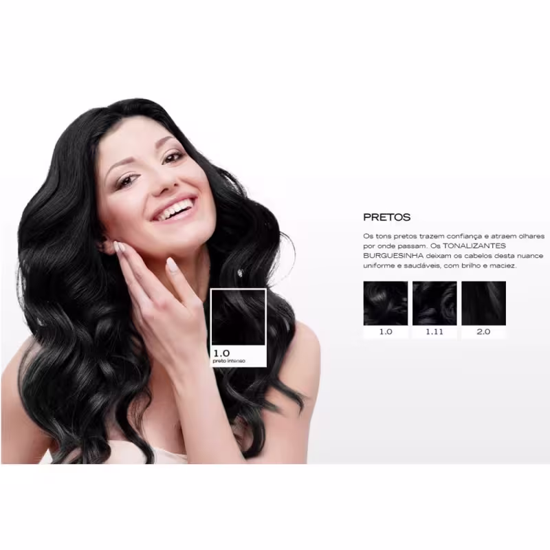 A imagem mostra uma mulher sorridente com longos cabelos pretos e ondulados. Ela está tocando seu rosto com uma das mãos. O texto indica que os "tons pretos trazem confiança e atraem olhares.