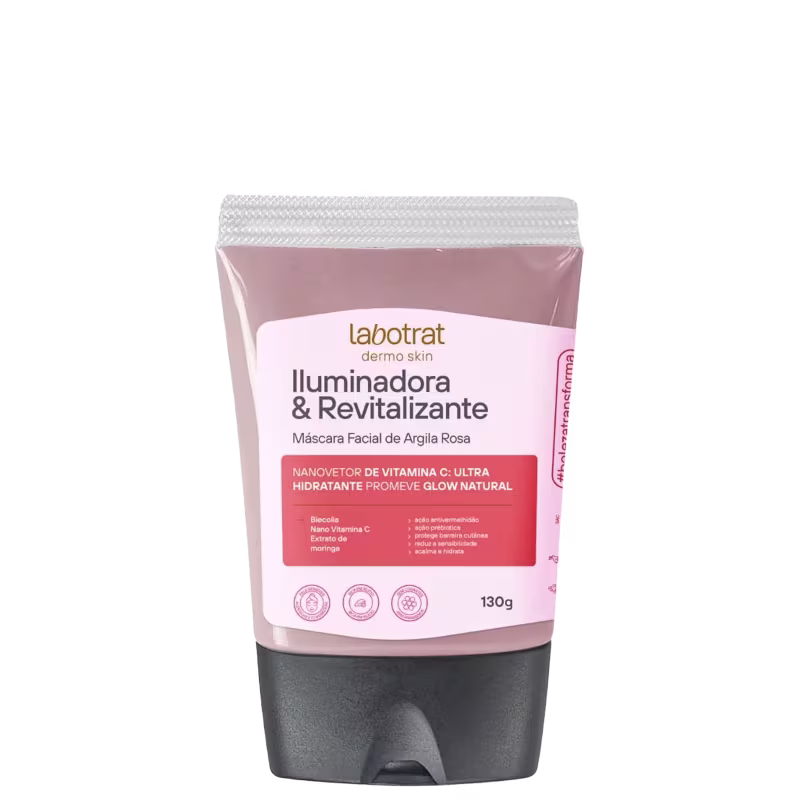 O produto apresentado é uma máscara facial de argila rosa da marca Labotrat, com o nome "Iluminadora & Revitalizante" impresso na embalagem. Volume de 130g.