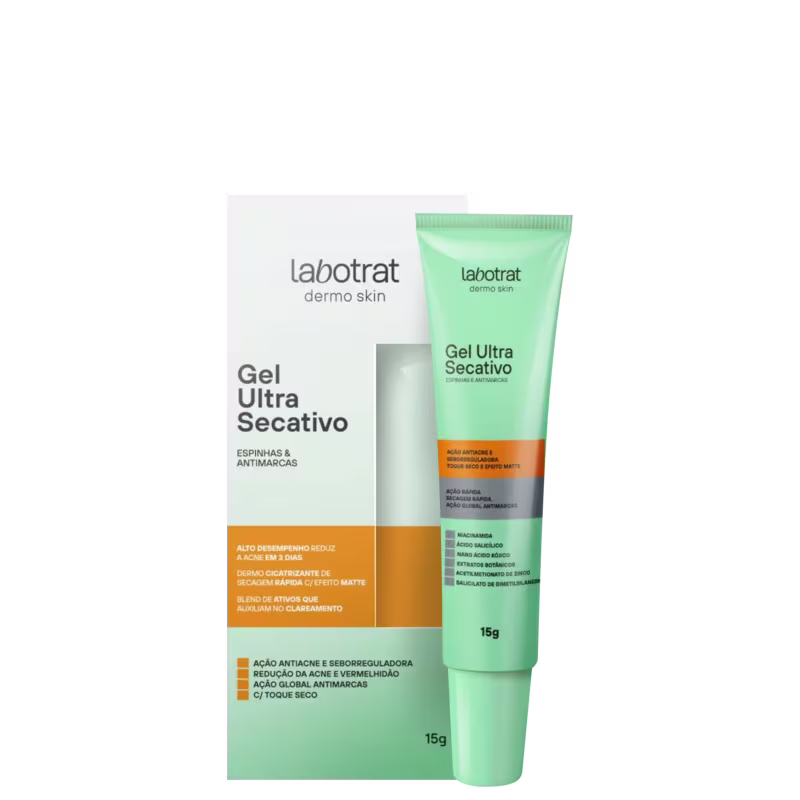 O produto apresentado é um gel ultra secativo da marca Labotrat, linha Dermo Skin. A embalagem é um tubo de cor verde clara com detalhes laranja. Volume de 15g.