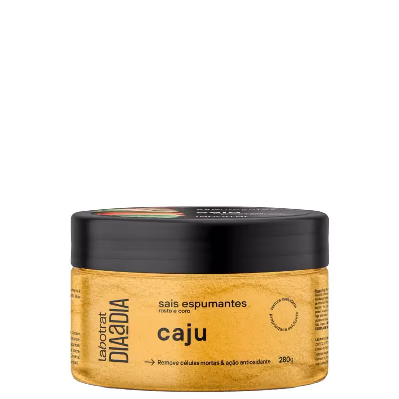 O produto apresentado é um sais espumantes de caju da marca Labotrat. A embalagem é um pote preto com rótulo amarelo, contendo 280g do produto.