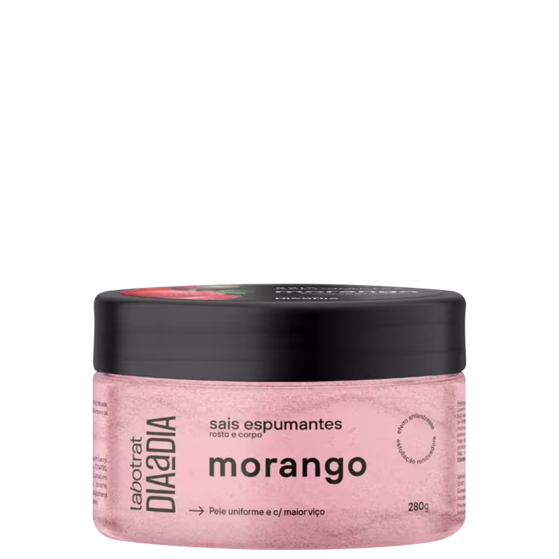 Pote preto com rótulo rosa contendo sais espumantes de morango para rosto e corpo, da marca Labotrat. Produto com textura e aparência suave, indicado para pele uniforme e com maior viço.
