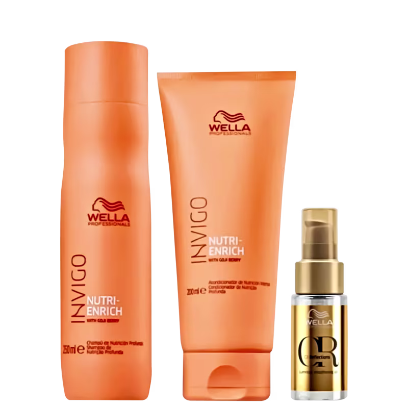 Três produtos da marca Wella Professionals: um frasco laranja de Nutri-Enrich, um tubo laranja de Nutri-Enrich e um frasco dourado de Wella Oil Reflections. Todos os produtos exibem o logotipo da marca Wella.