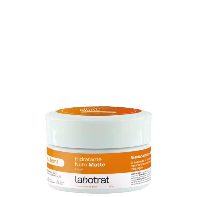 O produto apresentado é um hidratante facial da marca Labotrat, com o nome "Hidratante Nutri Matte" impresso no rótulo. A embalagem é um pote branco com tampa laranja, contendo 100g do produto.
