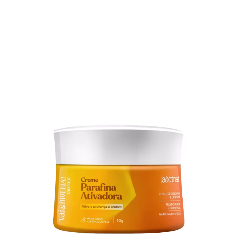 O produto apresentado é um creme para ativação e prolongamento do bronzeado, da marca Labotrat. A embalagem é um pote laranja com tampa branca. Volume de 90g.