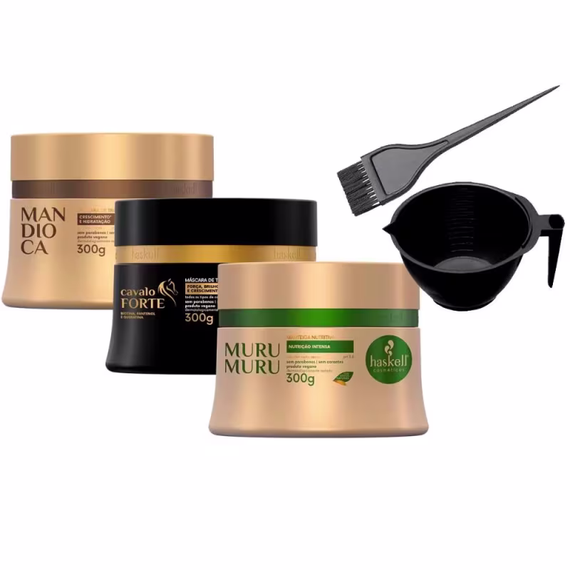 A imagem mostra um kit com 5 produtos de Haskell, sendo 3 máscaras da linha mandioca, cavalo forte e murumuru, ao lado um pincel de tintura e uma cumbuca profissional.