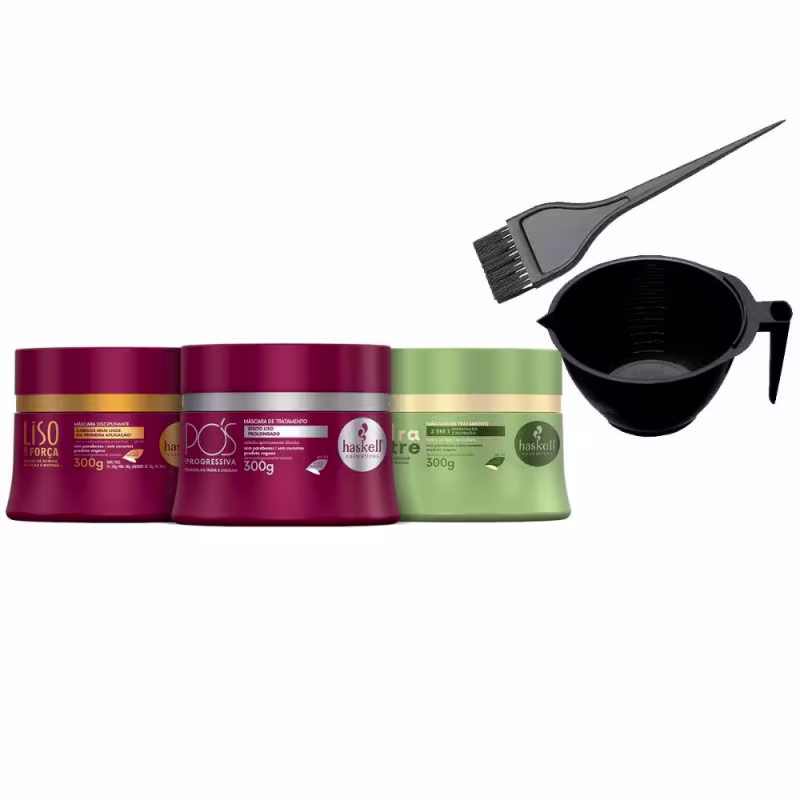 A imagem mostra um kit com 5 produtos de Haskell, sendo 3 máscaras da linha Liso com Força, Pós Progressiva e Hidranutre, ao lado um pincel de tintura e uma cumbuca profissional.