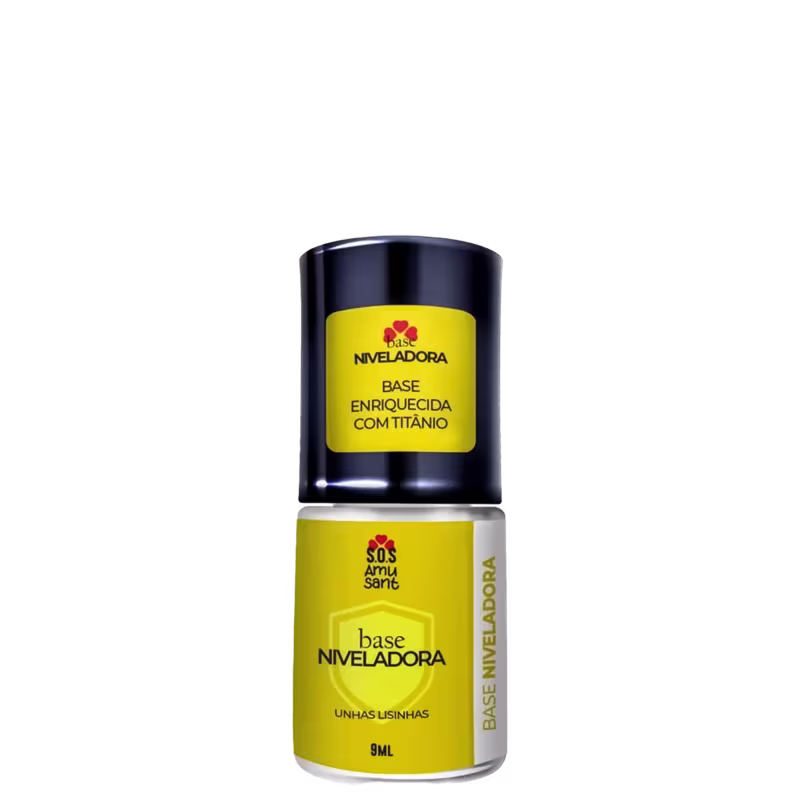 Frasco de base niveladora da marca Amusant, com embalagem preta e amarela. O rótulo indica que o produto contém titânio e é uma base niveladora para unhas lisas.