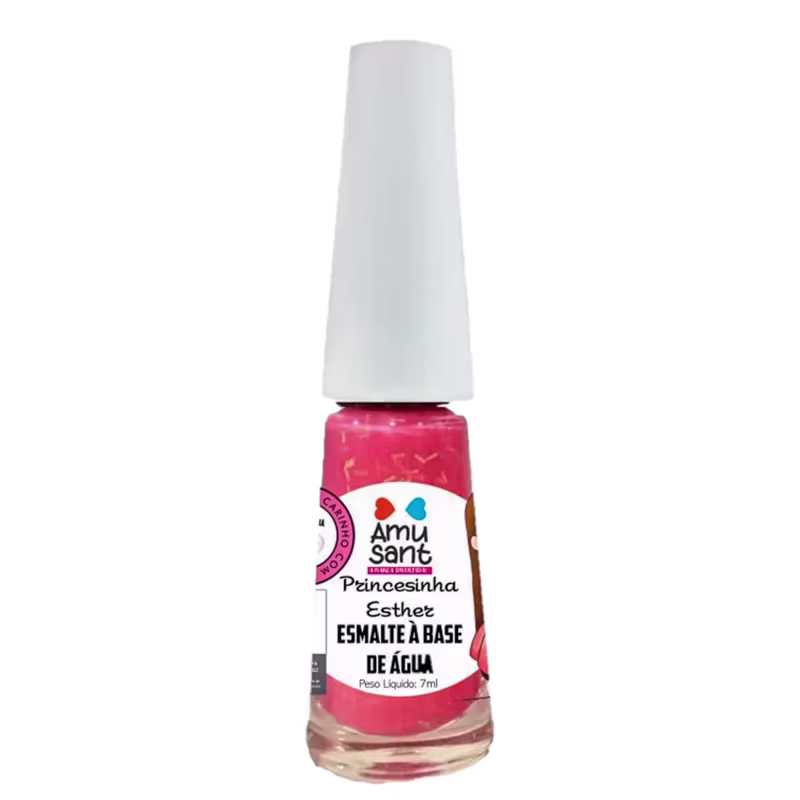 Esmalte de unha da marca Amusant, na cor rosa, com rótulo indicando o nome "Princesinha Esther" e a descrição "Esmalte à base de água". O frasco possui formato cônico e tampa branca, com volume de 7 ml.