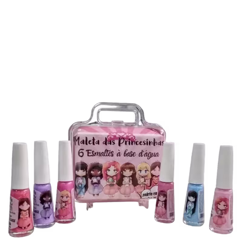 Conjunto de 6 esmaltes à base d'água com ilustrações de personagens femininas em embalagem plástica rosa. Cada frasco possui rótulo com o nome "Maleta das Princesinha" e diferentes designs.