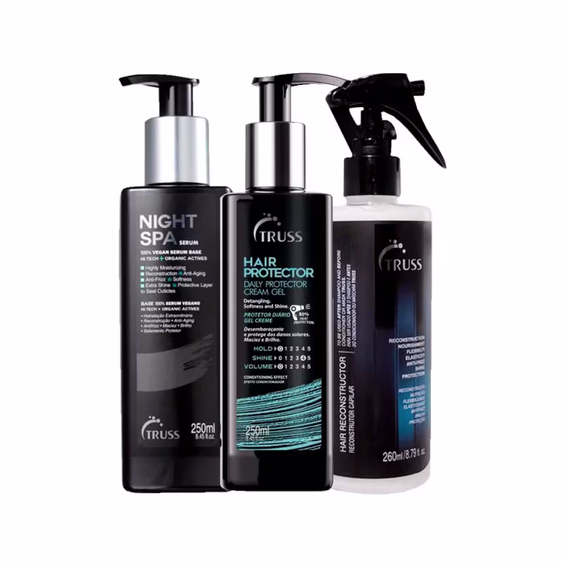 Kit Truss - Sérum Night Spa 250ml e Leave-in Finish Hair Protector 250ml e Tratamento de Reconstrução Uso Obrigatório 260ml