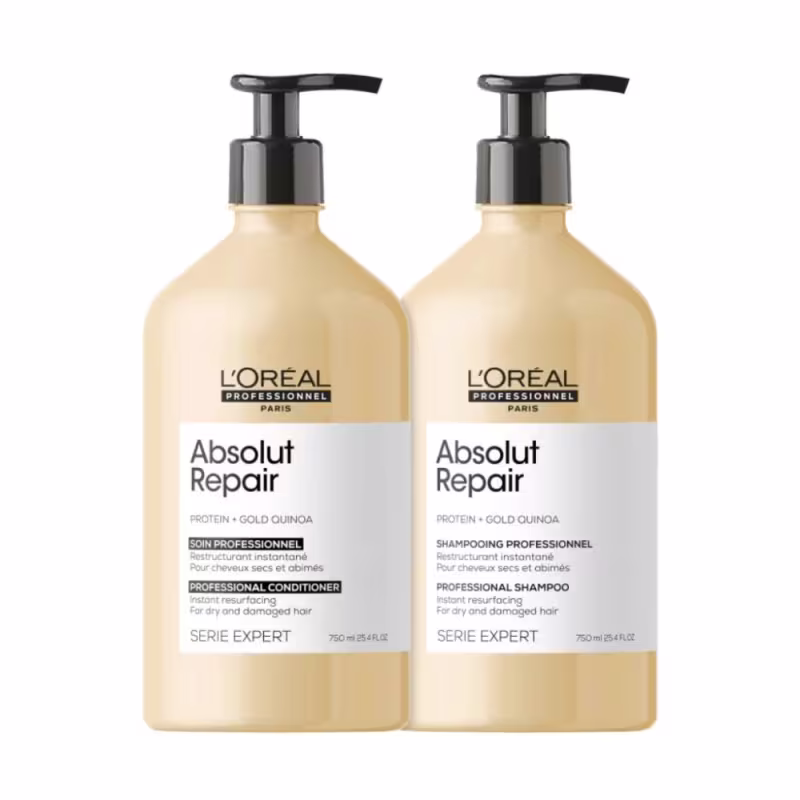 A imagem mostra dois frascos de plástico de 750ml da linha Absolut Repair da L'Oréal Professionnel, de cor bege com rótulo branco.