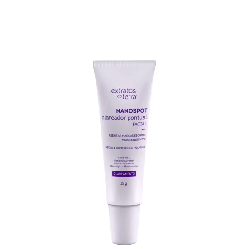 Tubo branco com rótulo roxo da linha Extratos da Terra, contendo o produto Nanospot, um clareador pontual facial que reduz marcas escuras e é mais resistente.