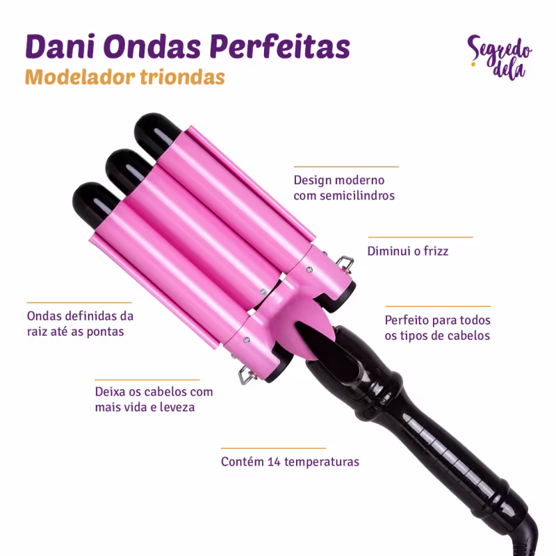 Kit Modelador Triondas Dani Ondas Perfeitas 32mm Bivolt + Creme Protetor Térmico Cachos - Segredo Dela