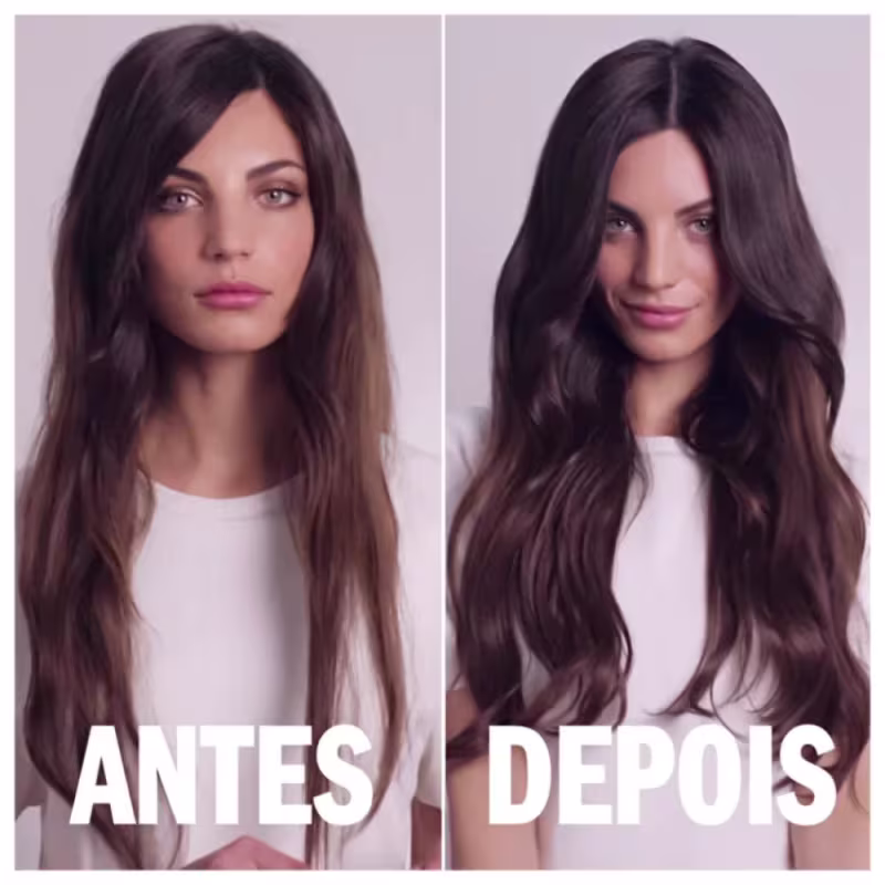 A imagem mostra uma mulher com cabelos longos e escuros antes e depois de usar a linha. À esquerda, no "Antes", o cabelo aparece mais liso e com menos volume. À direita, rotulada "Depois", o cabelo está visivelmente mais volumoso e com movimento.
