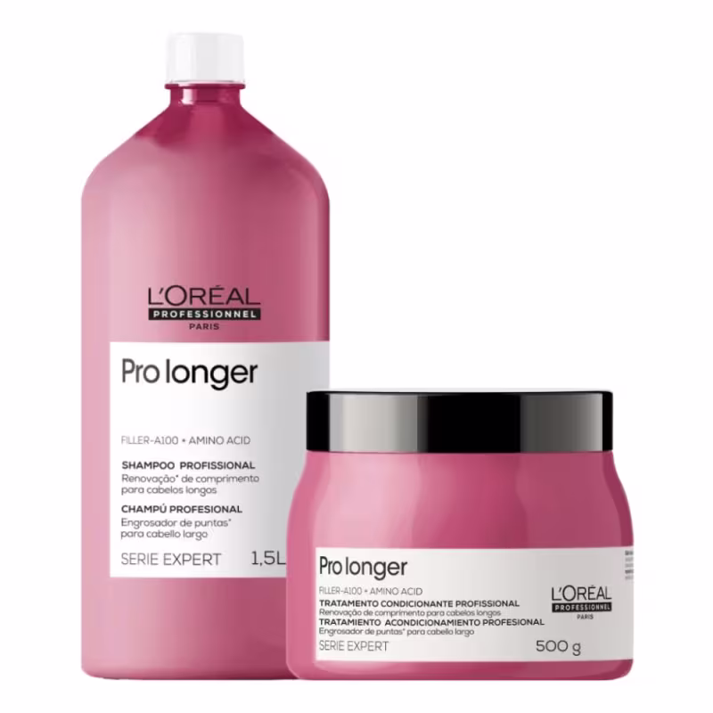 Um frasco grande de 1,5 litros de shampoo na cor rosa escura, com rótulo branco e o logotipo da marca. Também há um pote de tratamento condicionante de 500g na mesma cor rosa, com detalhes em preto e branco.