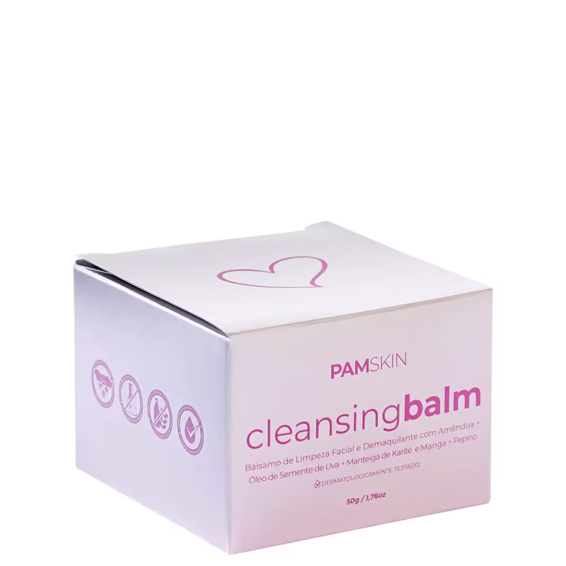 A imagem mostra a caixa de embalagem do produto Cleansing Balm da marca Pam Skin & Beauty. A caixa é branca e tem detalhes em rosa.
