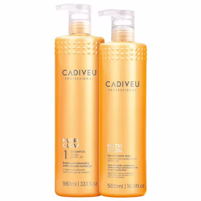 Shampoo 980ml e cera nutritiva 500ml. Ambos em embalagem cilíndrica com válvula pump. Frasco cor laranja com letras prateadas.