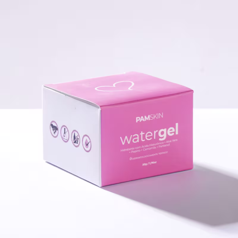 A imagem apresenta a caixa do watergel em um fundo branco com sua sombra projetada embaixo a sua frente.