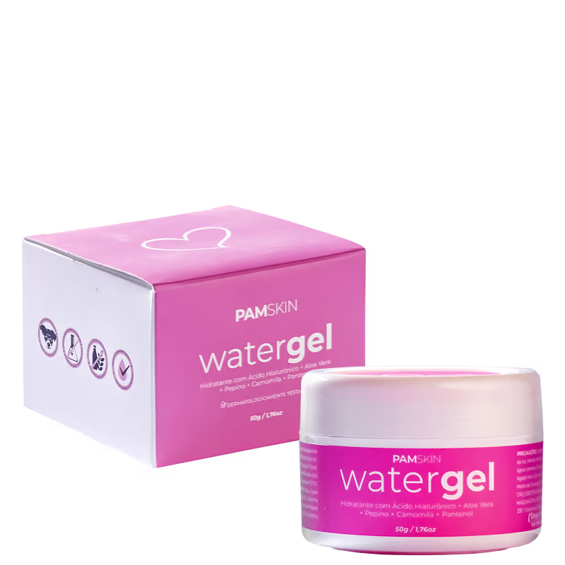 A imagem mostra o watergel hidratante da marca PAM Skin & Beauty e sua caixa ao lado.