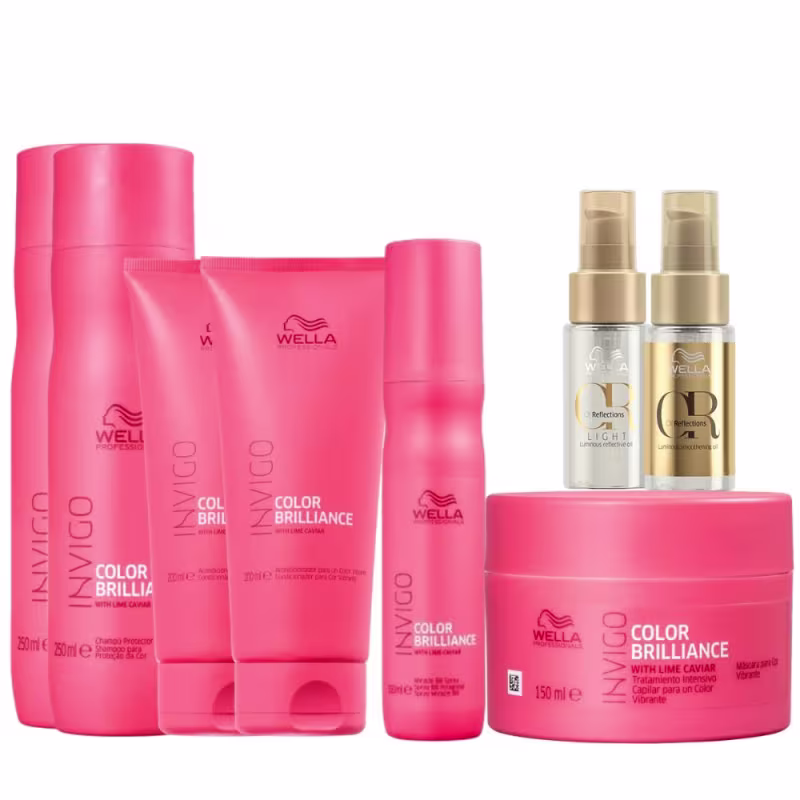 A imagem mostra dois frascos de shampoo, dois frascos tipo bisnaga de condicionador, um frasco de leave-in, um pote redondo de máscara e dois frascos de óleo capilar.