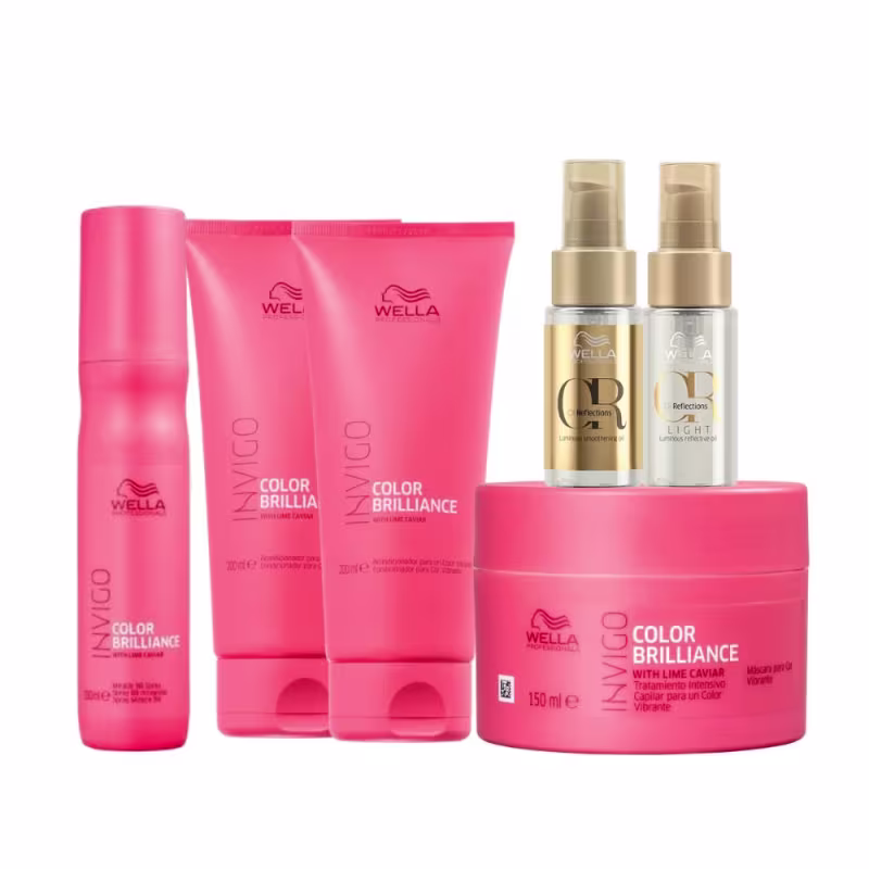 A imagem mostra um frasco de leave-in, dois frascos tipo bisnaga de condicionador, um pote redondo de máscara e dois frascos de óleo capilar.