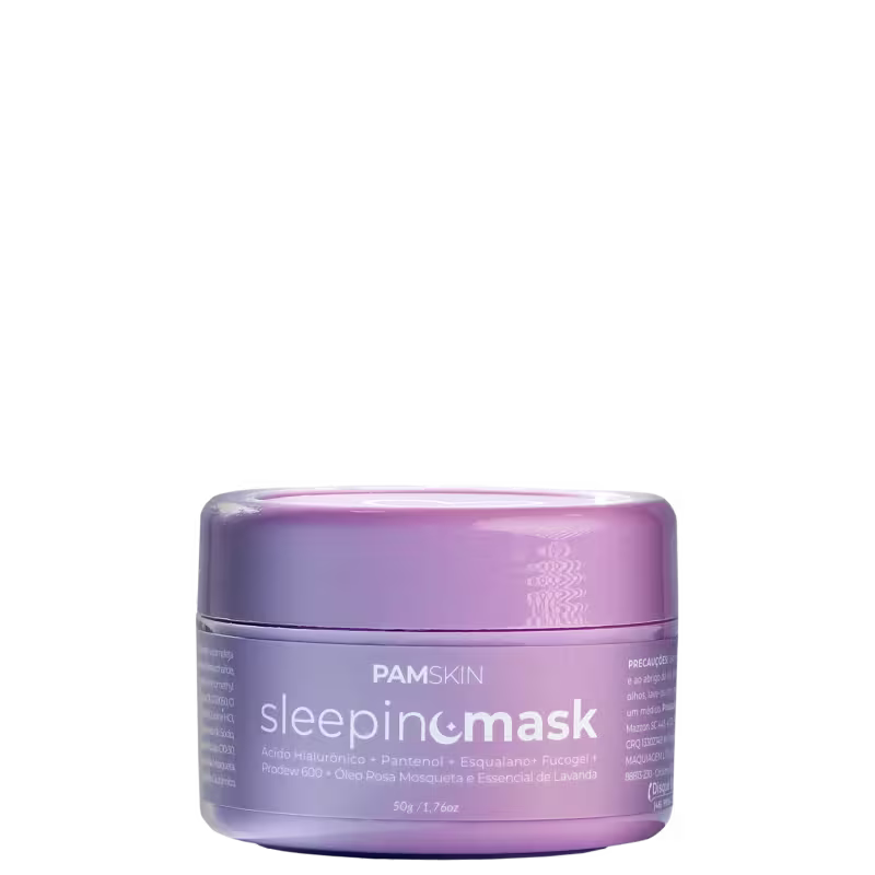 A imagem mostra o frasco do sleeping mask de PAMSkin. Sua embalagem é plástica roxa, com letras brancas. O rótulo descreve que contém ingredientes como ácido hialurônico, pantenol, esqualano, fucogel, proteína 600 e óleos botânicos.
