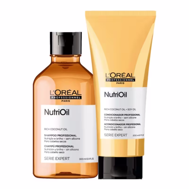 A imagem mostra dois produtos, um é um shampoo em um frasco âmbar de 300ml. O outro é um condicionador em um tubo amarelo de 200ml.