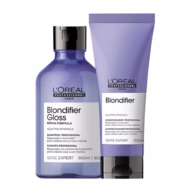 A imagem mostra dois produtos da linha Blondifier da L'Oréal Professionnel. Um shampoo em um frasco azul transparente de 300ml e um condicionador em um tubo roxo opaco de 200ml.