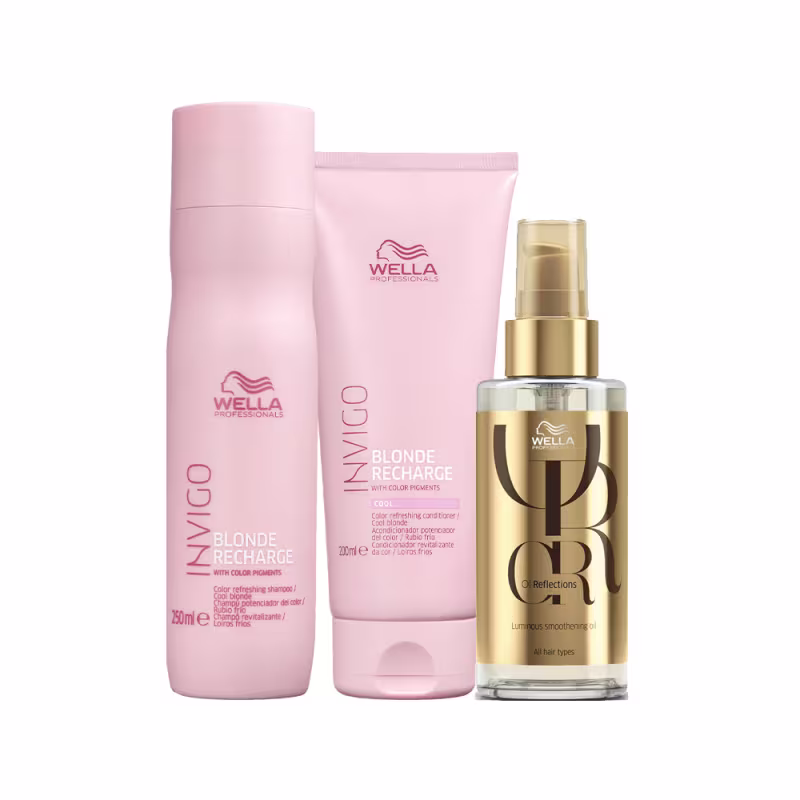 Kit com shampoo e condicionador Invigo Blonde Recharge, além de um óleo capilar Oil Reflections de Wella Professionals.