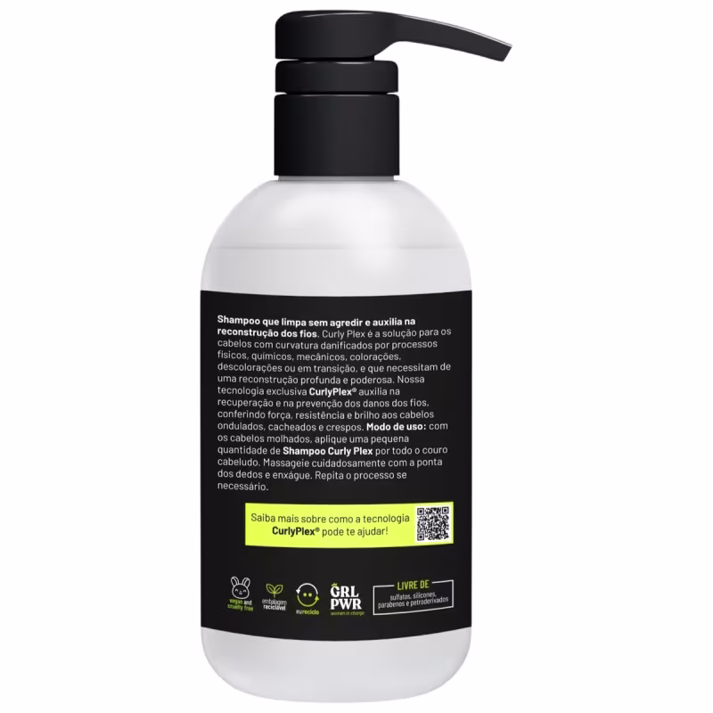 Shampoo em embalagem plástica branca com detalhes em preto. A embalagem tem um dispensador bomba preta. O rótulo preto contém texto descritivo em português sobre o produto, que é um shampoo para cabelos cacheados e danificados.