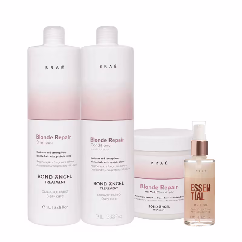 A imagem mostra uma linha de produtos para cabelos loiros da marca Brae. Há dois frascos grandes de shampoo e condicionador da linha "Blonde Repair", uma máscara da mesma linha e um óleo capilar Essential.