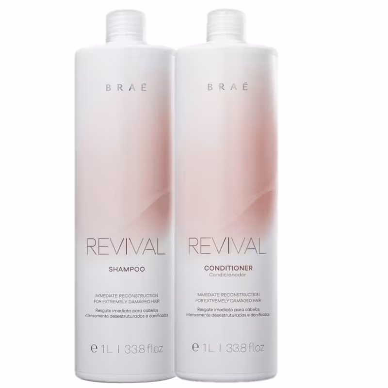 Shampoo e condicionador Revival da marca Braé para reconstrução imediata de cabelos extremamente danificados. Embalagens plásticas cilíndricas brancas opacas com detalhes em rosa claro degradê.