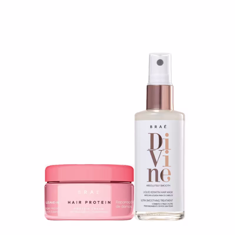 A imagem mostra dois produtos de cuidados capilares da marca Brae. Um é um frasco spray transparente de máscara líquida Divine. O outro é um pote rosa com uma tampa da mesma cor. O rótulo identifica-o como "Leave-in Hair Protein".