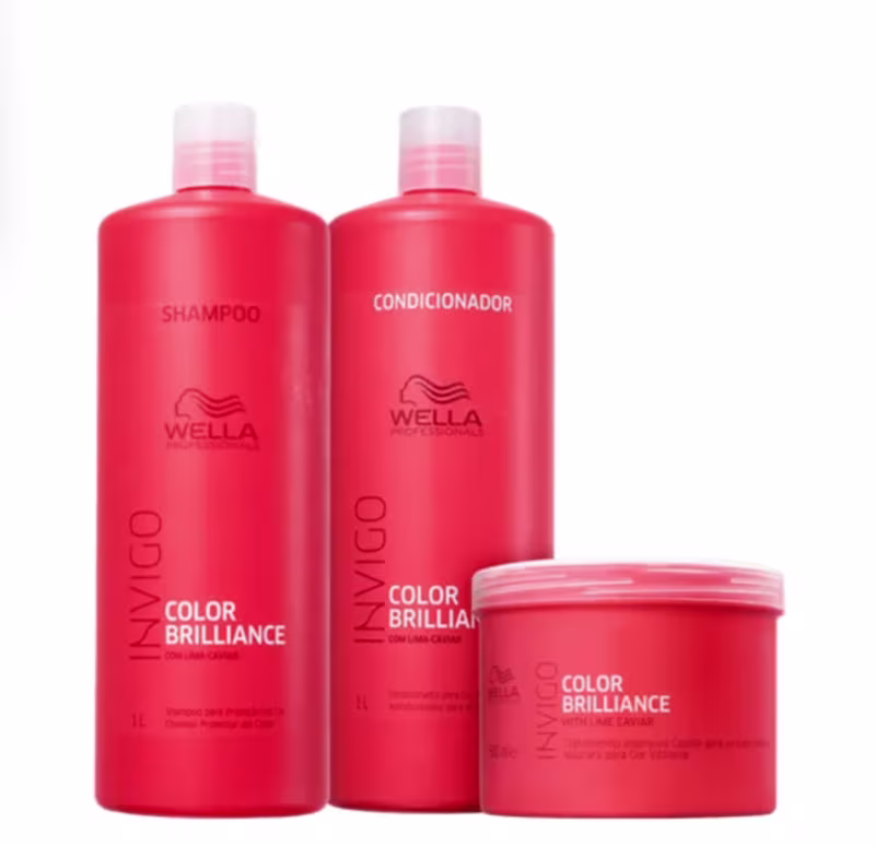 Shampoo e condicionador para cabelos coloridos da linha Color Brilliance da Wella Professionals de 1 litro cada. Um pote de máscara capilar de 500ml.