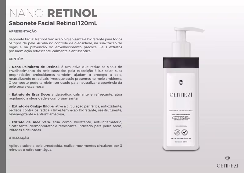 Ao lado esquerdo da imagem há um texto sobre o produto, seus ativos e modo de uso. Do lado direito há uma foto da embalagem.