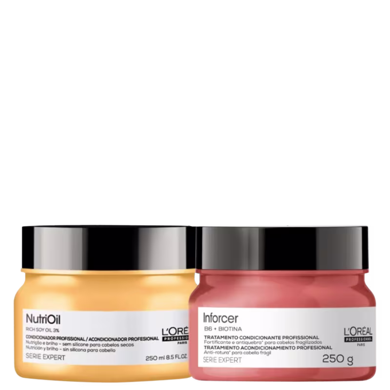 As duas máscaras estão dispostas lado a lado em frascos redondos de tampa preta. NutriOil possui 250ml e cor amarela, Inforcer possui 250g em cor vermelha.