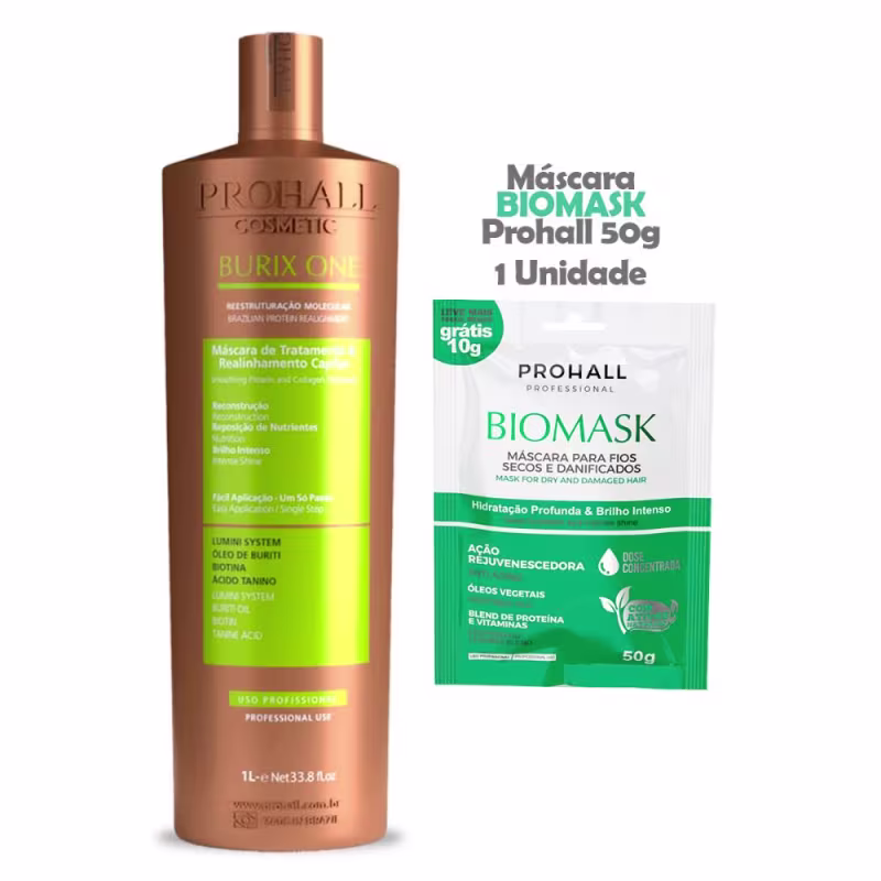 Kit com escova progressiva Burix One e máscara capilar Biomask, da marca Prohall Cosmetic.