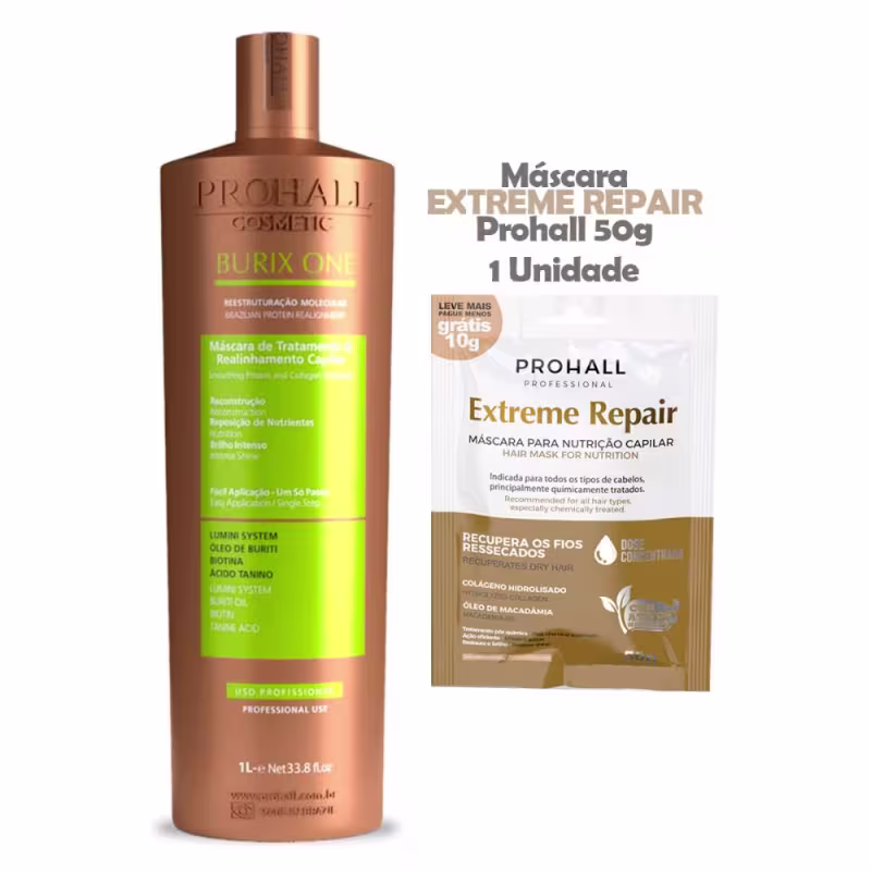 Kit com escova progressiva Burix One e máscara capilar Extreme Hair, da marca Prohall Cosmetic.