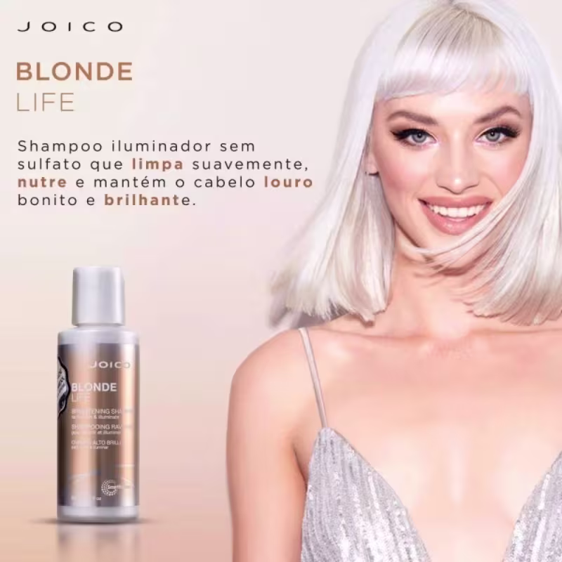 A imagem mostra uma modelo loira com cabelos lisos e maquiagem leve, usando um vestido brilhante com alças finas. e o texto: um shampoo iluminador sem sulfato da linha Blonde Life da marca Joico que limpa suavemente, nutre e mantém o cabelo brilhante.