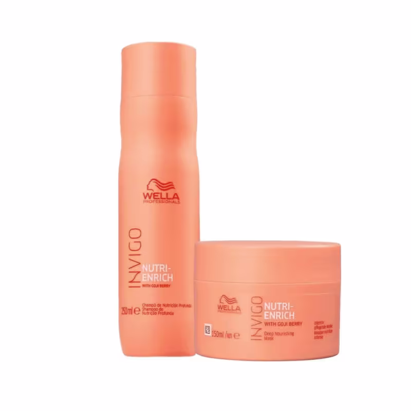 Shampoo Wella Professionals Nutri-Enrich em embalagem plástica laranja de 250ml e pote redondo laranja de 150ml com a descrição Máscara de Nutrição Profunda para tratamento capilar.