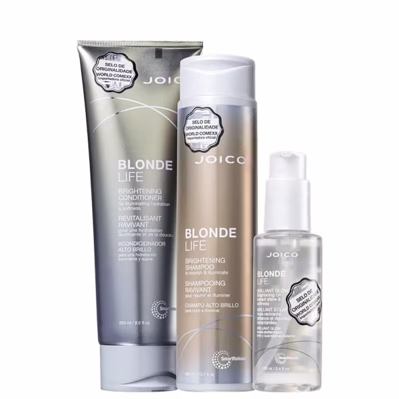 A imagem mostra produtos da linha Blonde Life da marca Joico: shampoo e condicionador com embalagens douradas. Um frasco menor de óleo capilar em embalagem transparente.