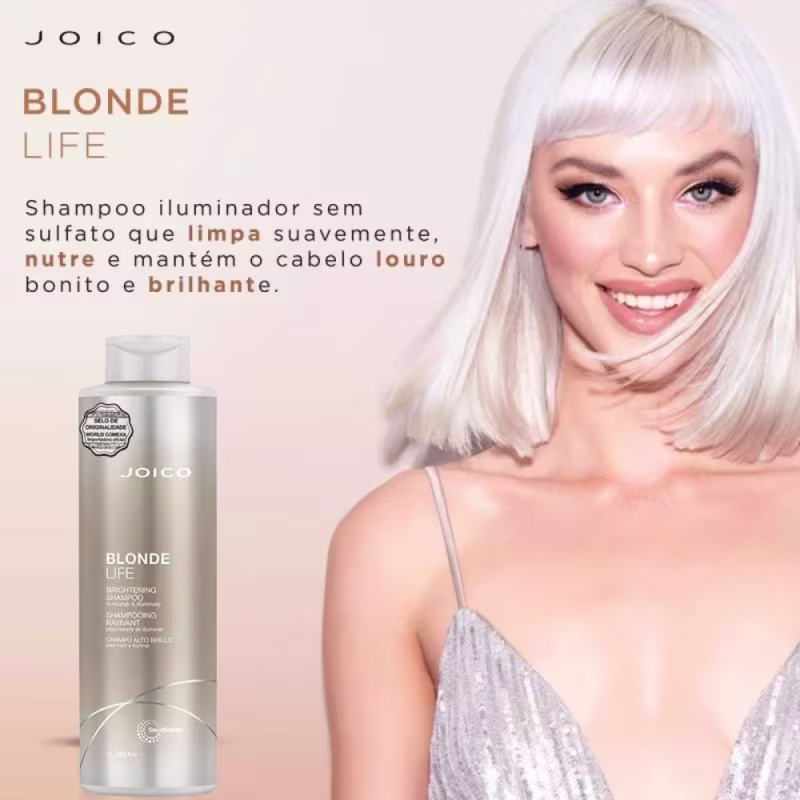 A imagem mostra uma modelo loira e o texto: Blonde Life, shampoo iluminador sem sulfato que limpa suavemente, nutre e mantém o cabelo louro bonito e brilhante.