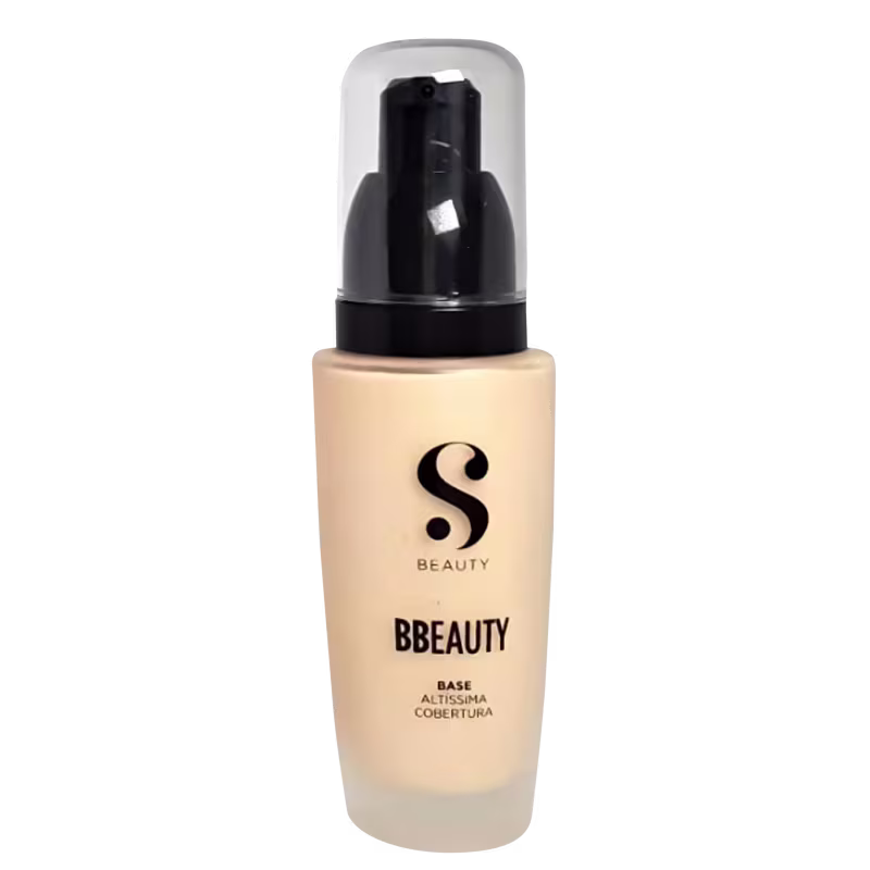 Frasco de base de maquiagem Bbeauty da marca Suelen Beauty, com embalagem preta e branca, apresentando o logotipo da marca e o nome do produto.