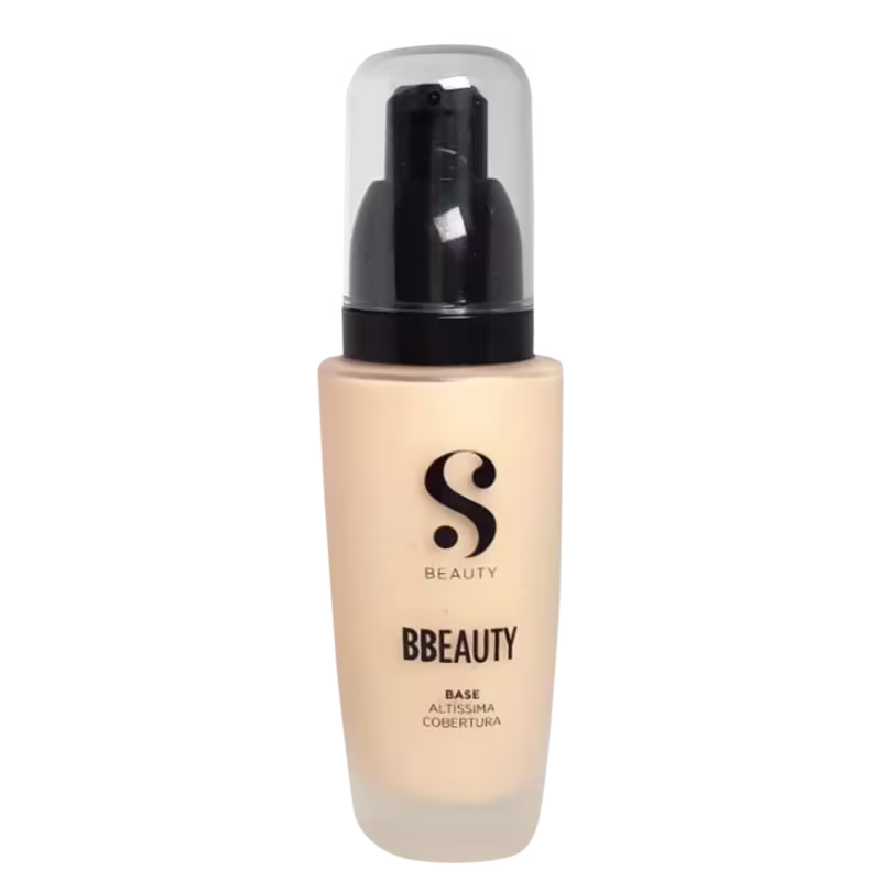 Frasco de base altíssima cobertura da linha Bbeauty da marca Suelen Makeup, com embalagem preta e branca contendo o logotipo da marca.