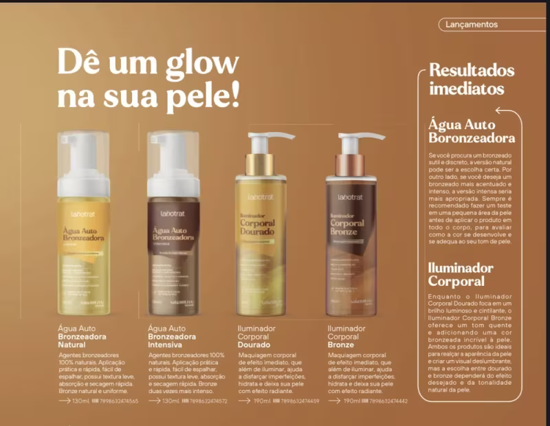O produto apresentado é um Iluminador Corporal Dourado da marca Labotrat. O produto é descrito como um iluminador corporal, indicando que se trata de um cosmético para aplicação na pele. Volume de 190ml.