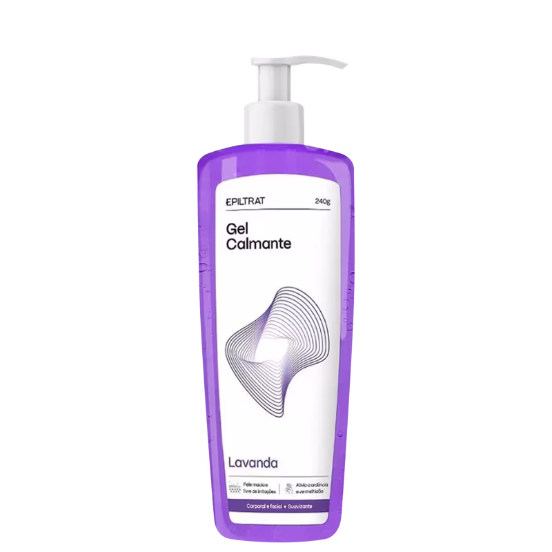 O produto apresentado é um gel calmante da marca Labotrat, com embalagem em frasco plástico de cor roxa e branca. O rótulo indica que o produto possui o aroma de lavanda.