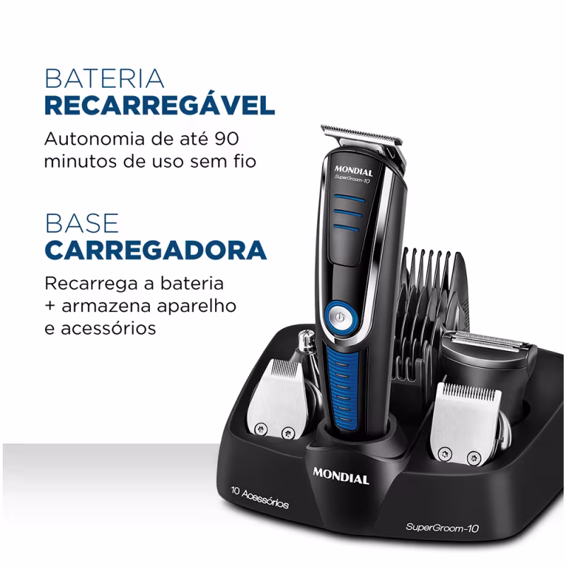 Aparador de Pelos Mondial BG-03 Super Groom 10 em 1, Recarregável Bivolt