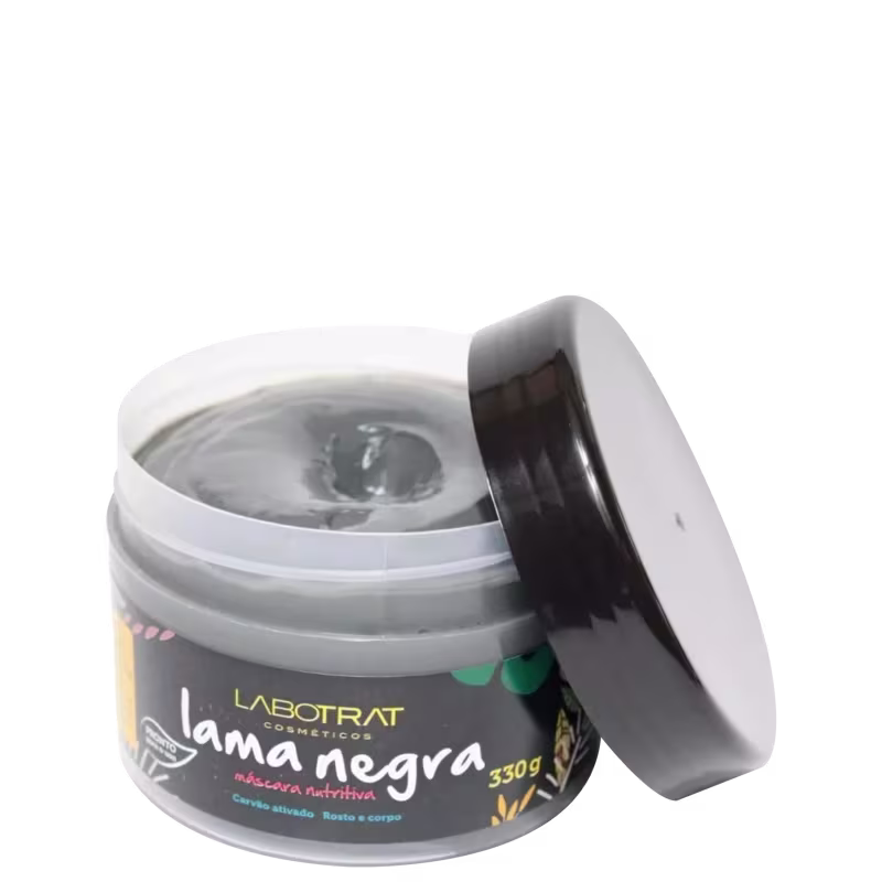 O produto mostrado na imagem é um pote de máscara da marca Labotrat, chamada "Lama negra". O pote é branco com um rótulo preto e verde, contendo informações sobre o produto, como o nome e o peso (330g).
